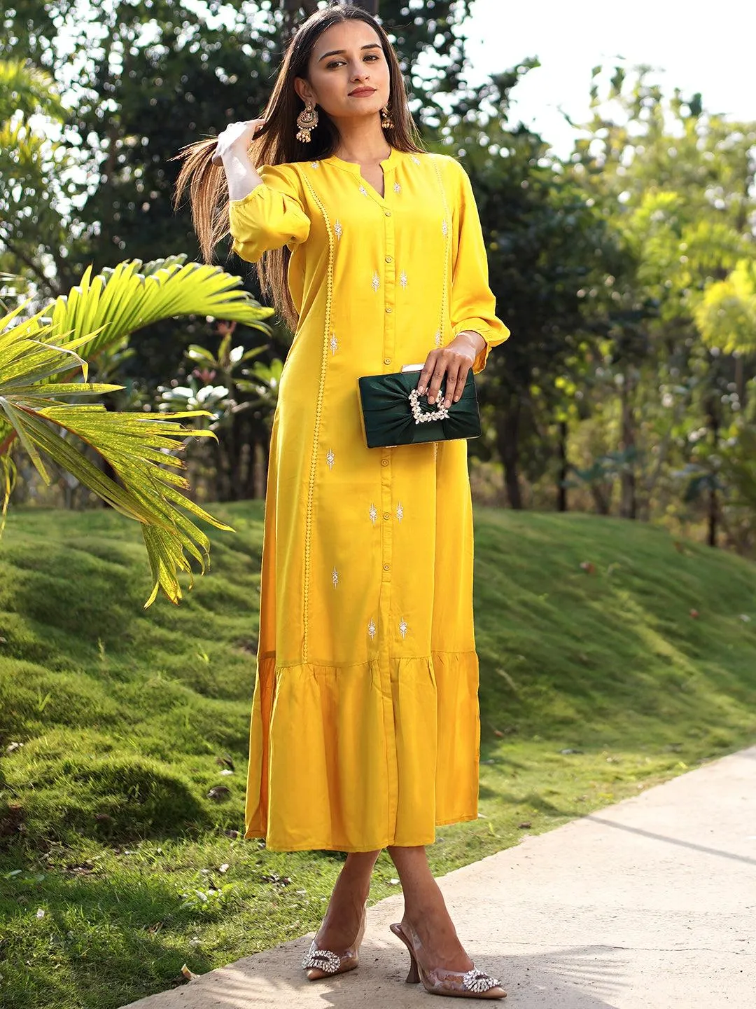 Yellow Embroidered Rayon Maxi Dress