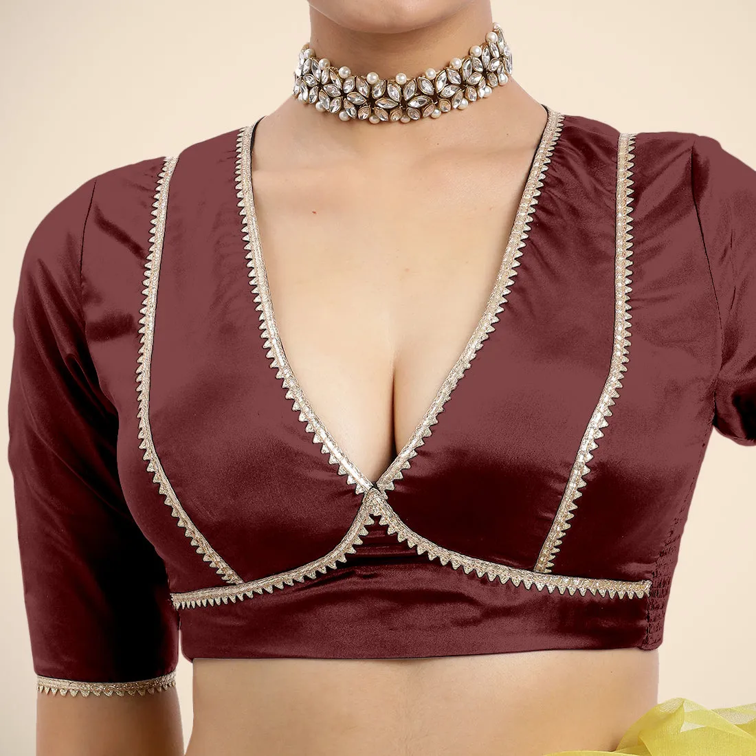 Zeenat x Tyohaar | Burgundy Saree Blouse w/ FlexiFit™ and Golden Gota Lace