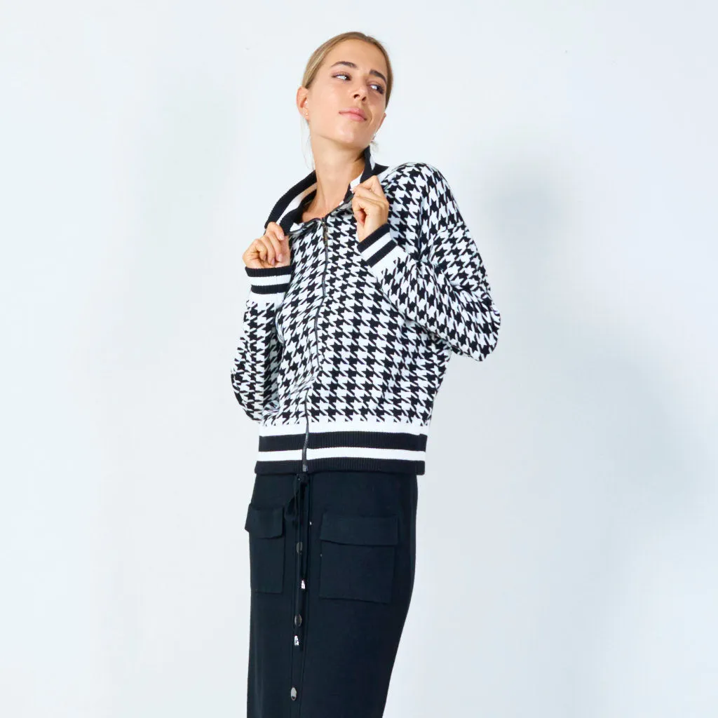 Zip-up houndstooth knit jacket wholesale