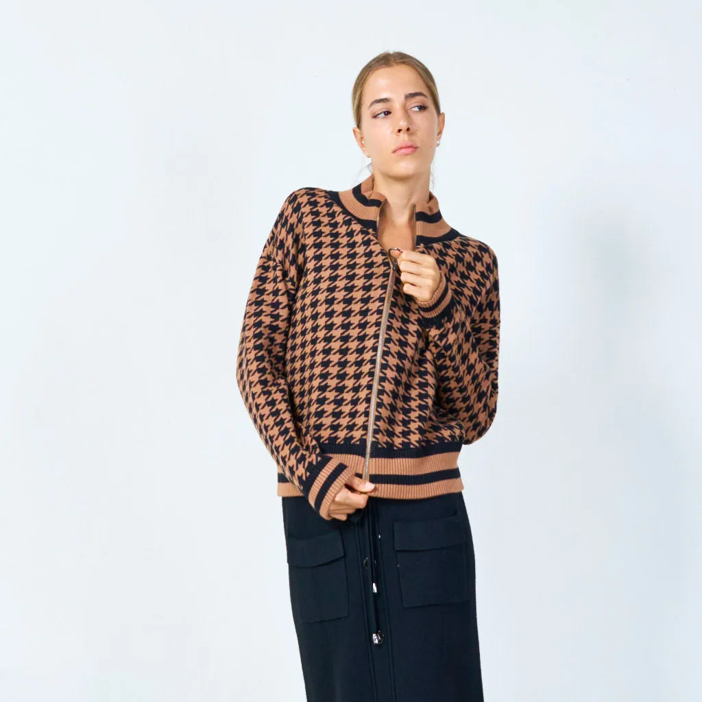 Zip-up houndstooth knit jacket wholesale