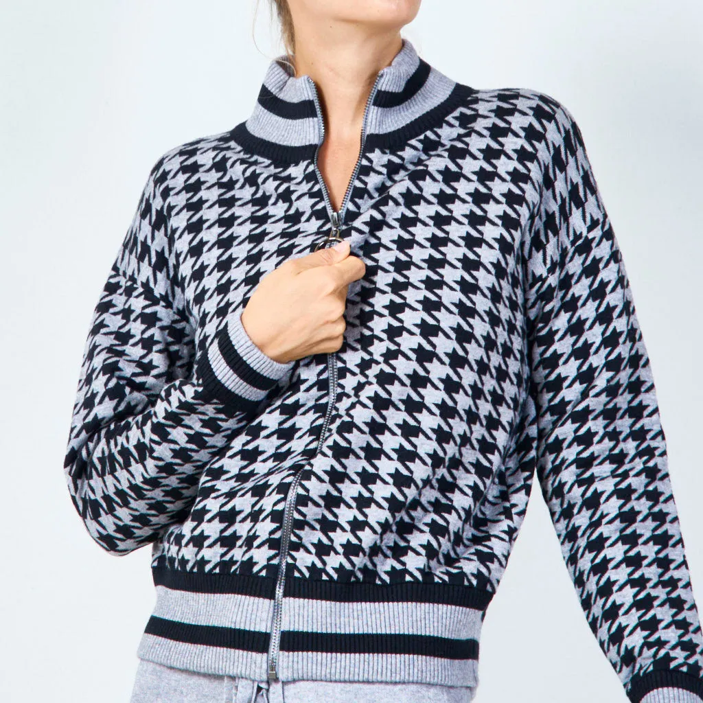 Zip-up houndstooth knit jacket wholesale