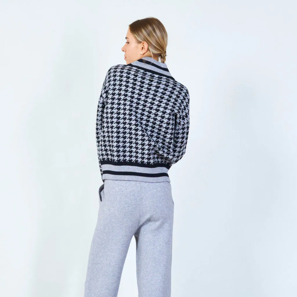 Zip-up houndstooth knit jacket wholesale