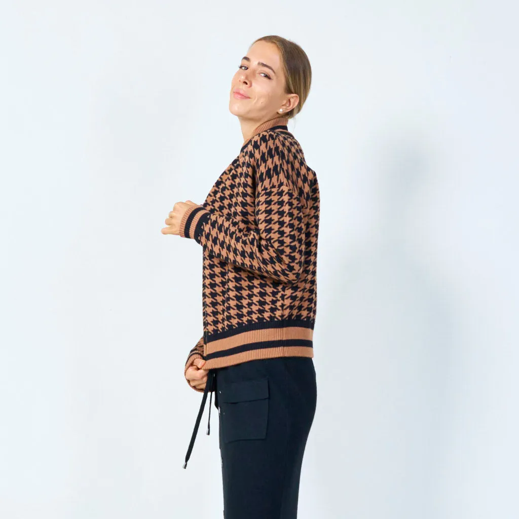 Zip-up houndstooth knit jacket wholesale