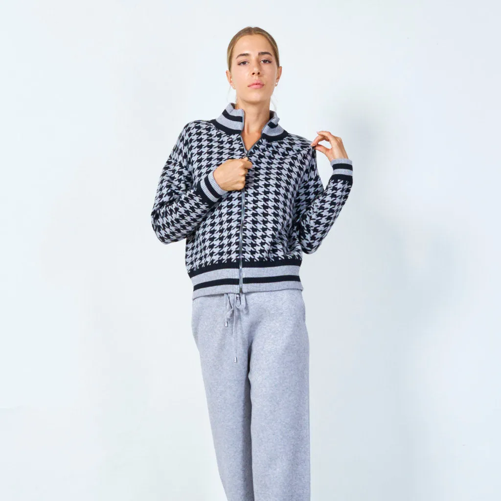 Zip-up houndstooth knit jacket wholesale